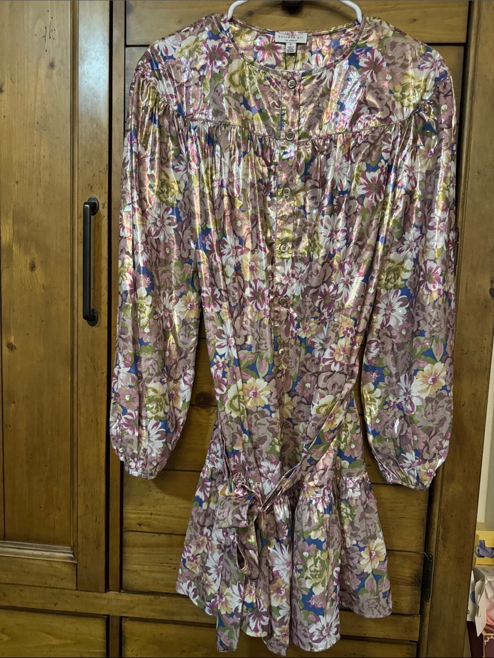 Current Air Lavender Floral Satin Tie-Waist Long Sleeve Dress